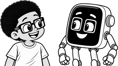 The AI Lately boy and his robot, smiling