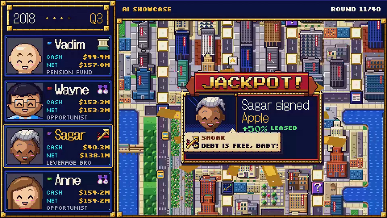 A Jackpot banner over Comp City's board in the third quarter of 2018, announcing that the player Sagar signed Apple as a tenant for 50 percent of a building