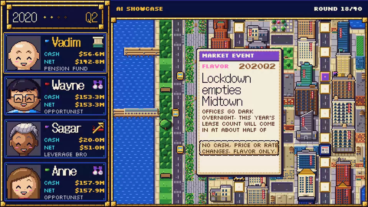 A Comp City market event card for the second quarter of 2020, headlined Lockdown empties Midtown, beside the Hudson River and a row of office towers