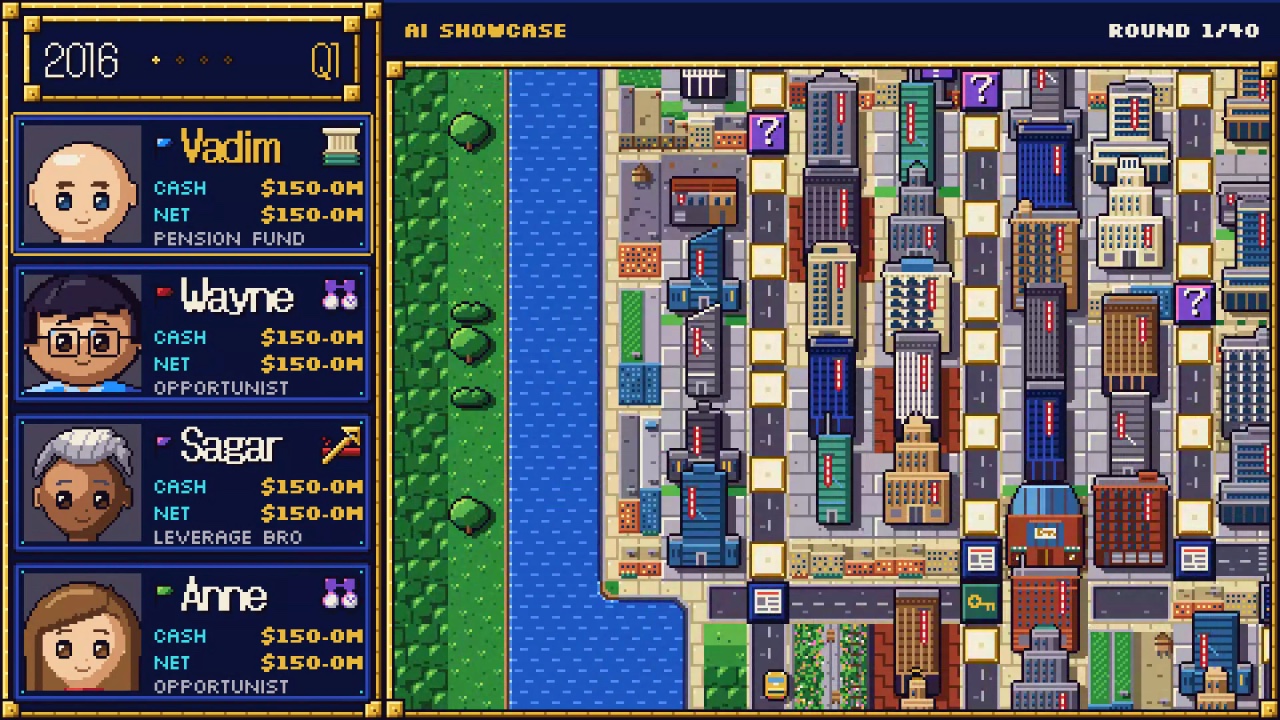 Comp City's board in the first quarter of 2016: four pixel-art players, Vadim, Wayne, Sagar and Anne, each with $150 million, beside a grid of Manhattan office towers