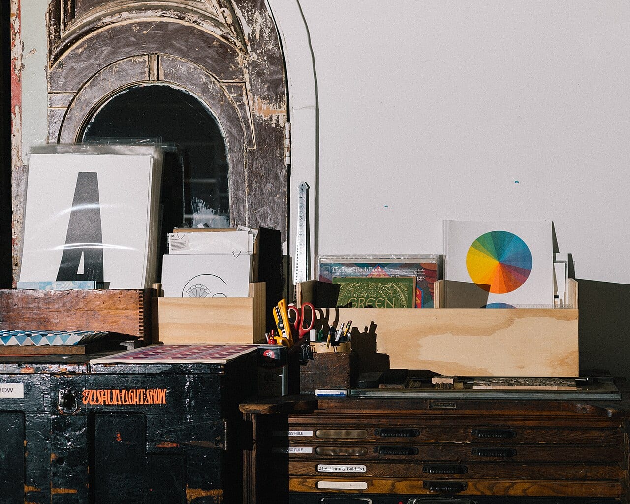 Trays of hand-set type sit on a counter at The Arm, a working letterpress shop in Brooklyn