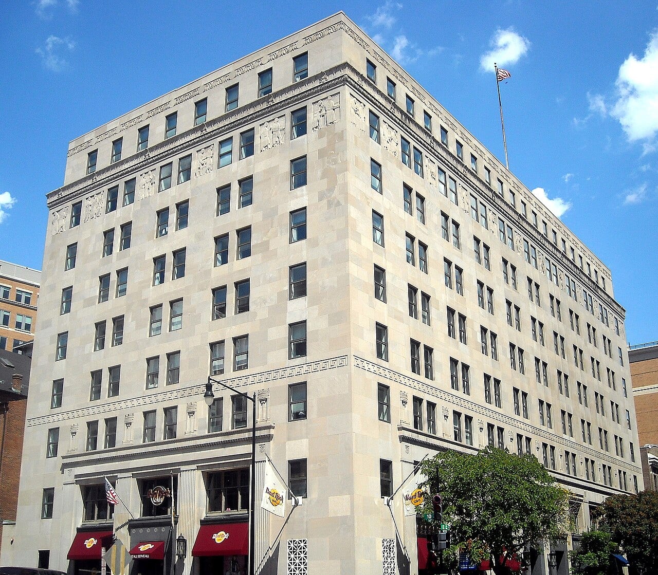 The Federal Election Commission's headquarters building at 999 E Street NW in Washington, with a Hard Rock Cafe on the ground floor