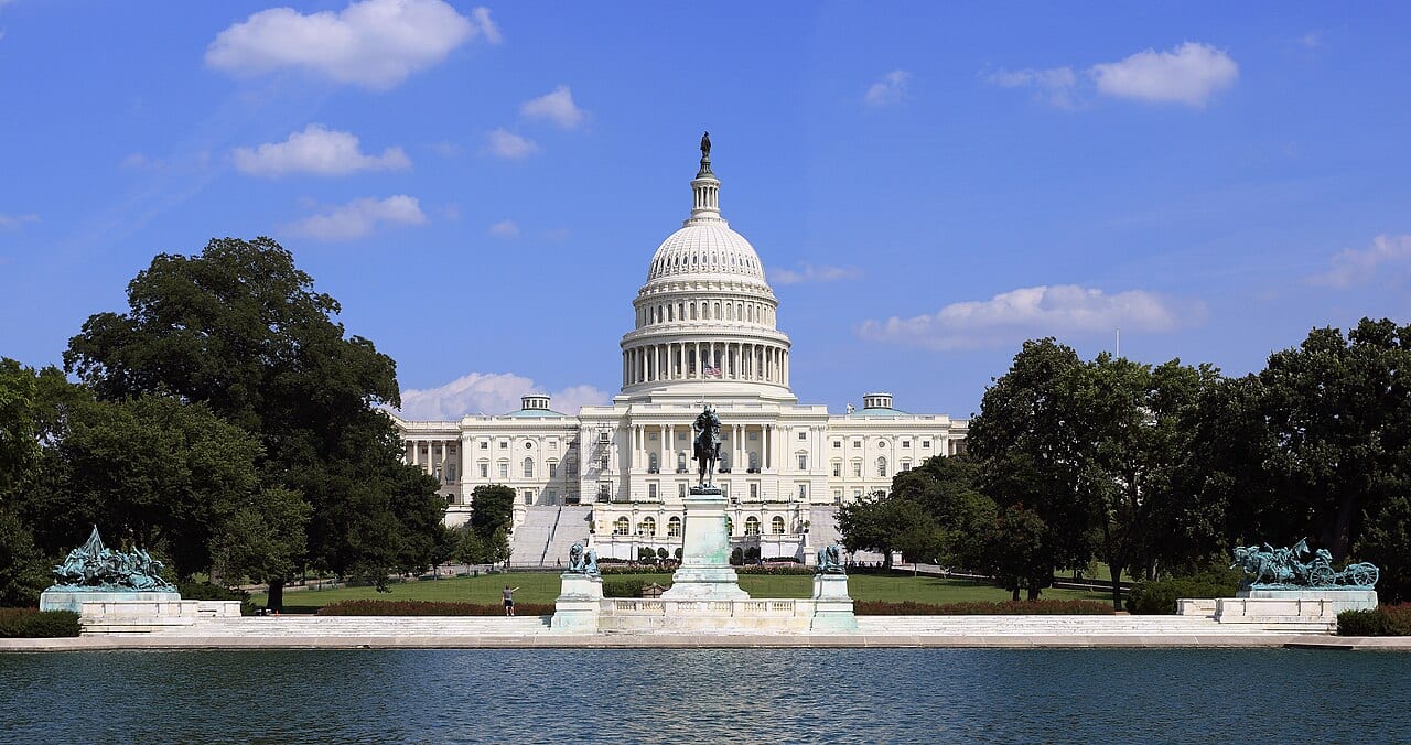 The United States Capitol, seen from the west with the Grant Memorial in the foreground