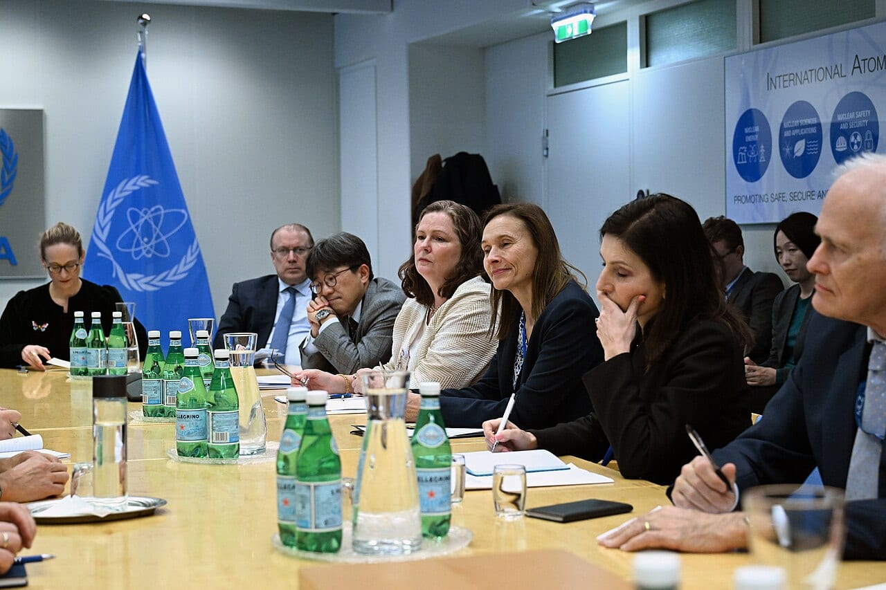 Rafael Mariano Grossi, the IAEA's director general, meets with G7 and European Union officials at the agency's Vienna headquarters in February 2024