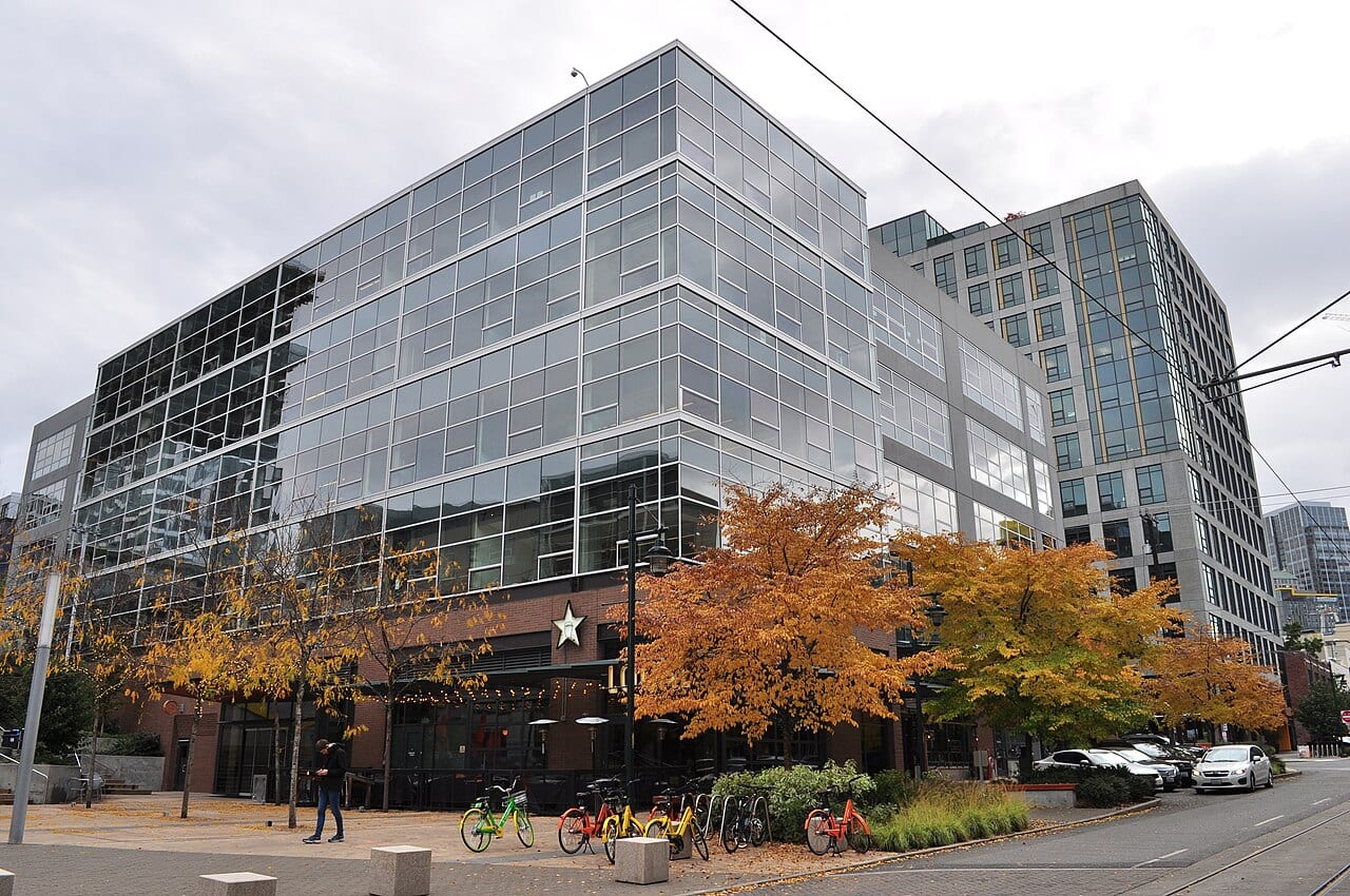 The Amazon Invictus Building rises over South Lake Union in Seattle
