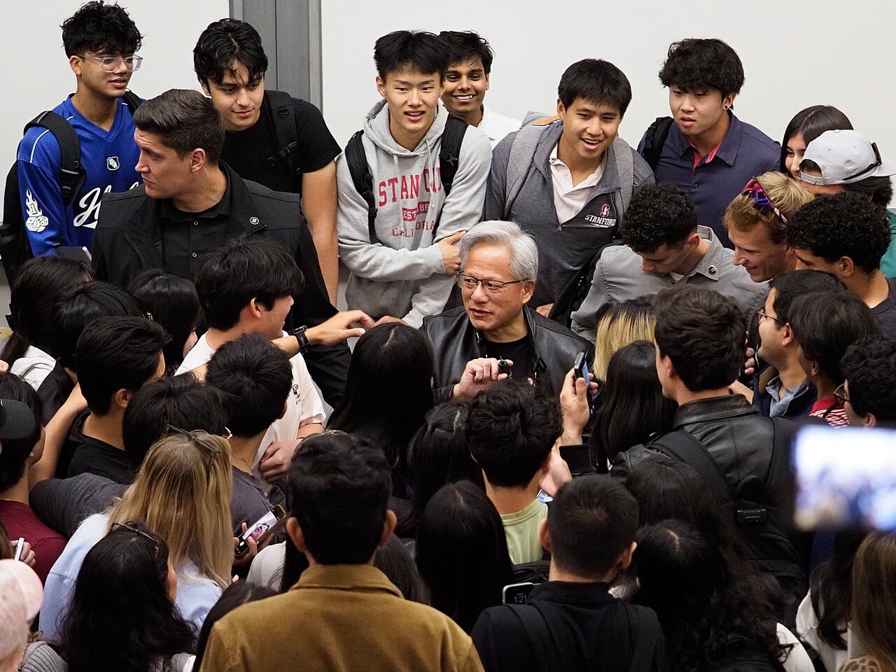 Jensen Huang, Nvidia's chief executive, talking with students at Stanford in April 2026