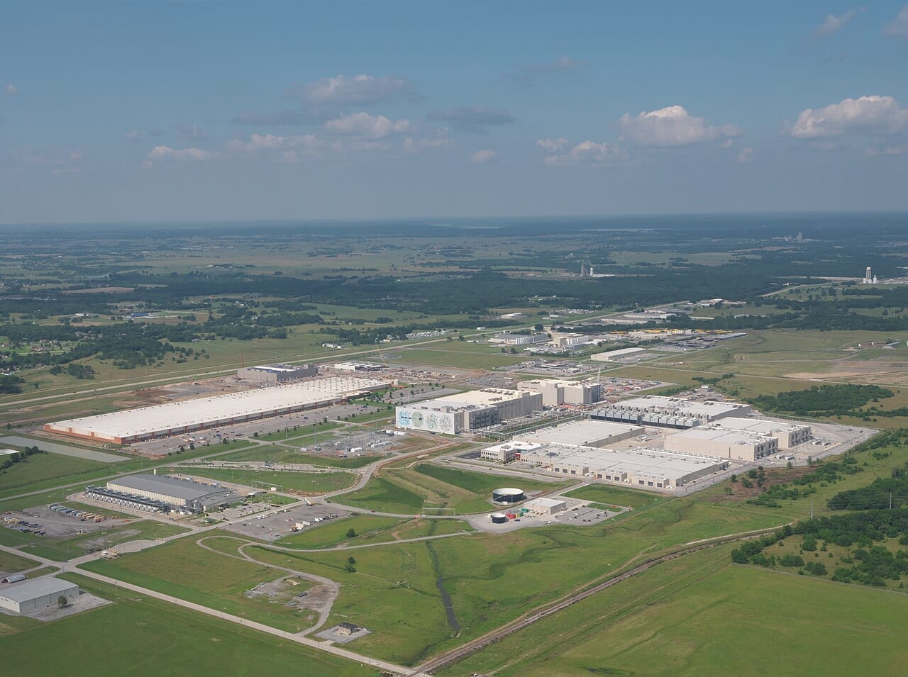 A large data center building with cooling towers outside Pryor, Oklahoma