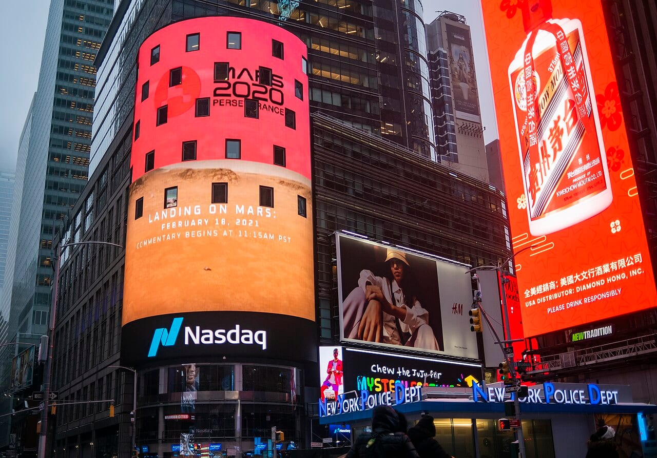 The Nasdaq MarketSite video board in Times Square shows a message for NASA's Perseverance rover on Feb. 18, 2021