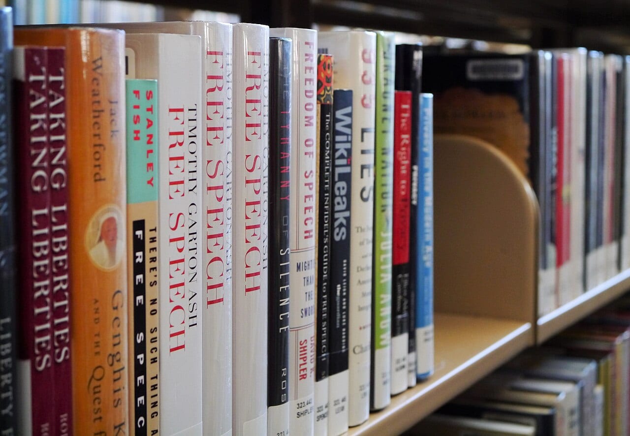 Rows of books on the shelves of a public library