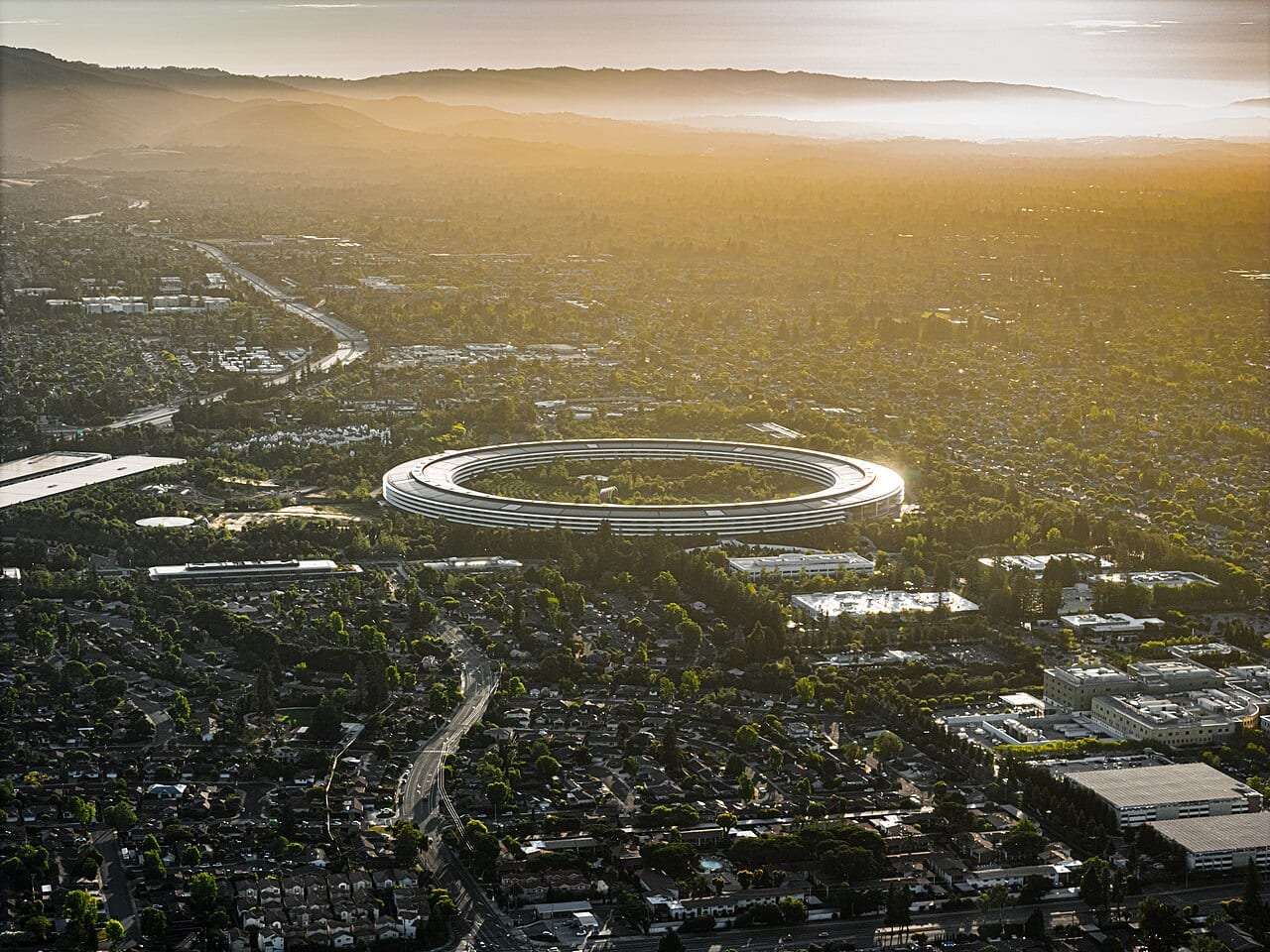 An aerial view of Apple Park, Apple's circular headquarters in Cupertino