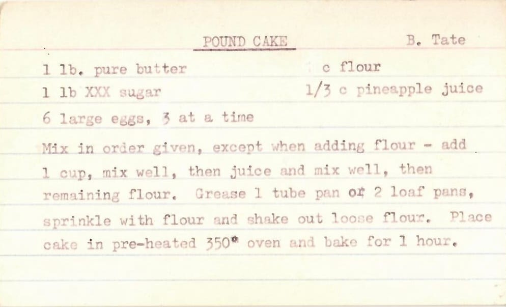 A handwritten pound cake recipe card from a family recipe box