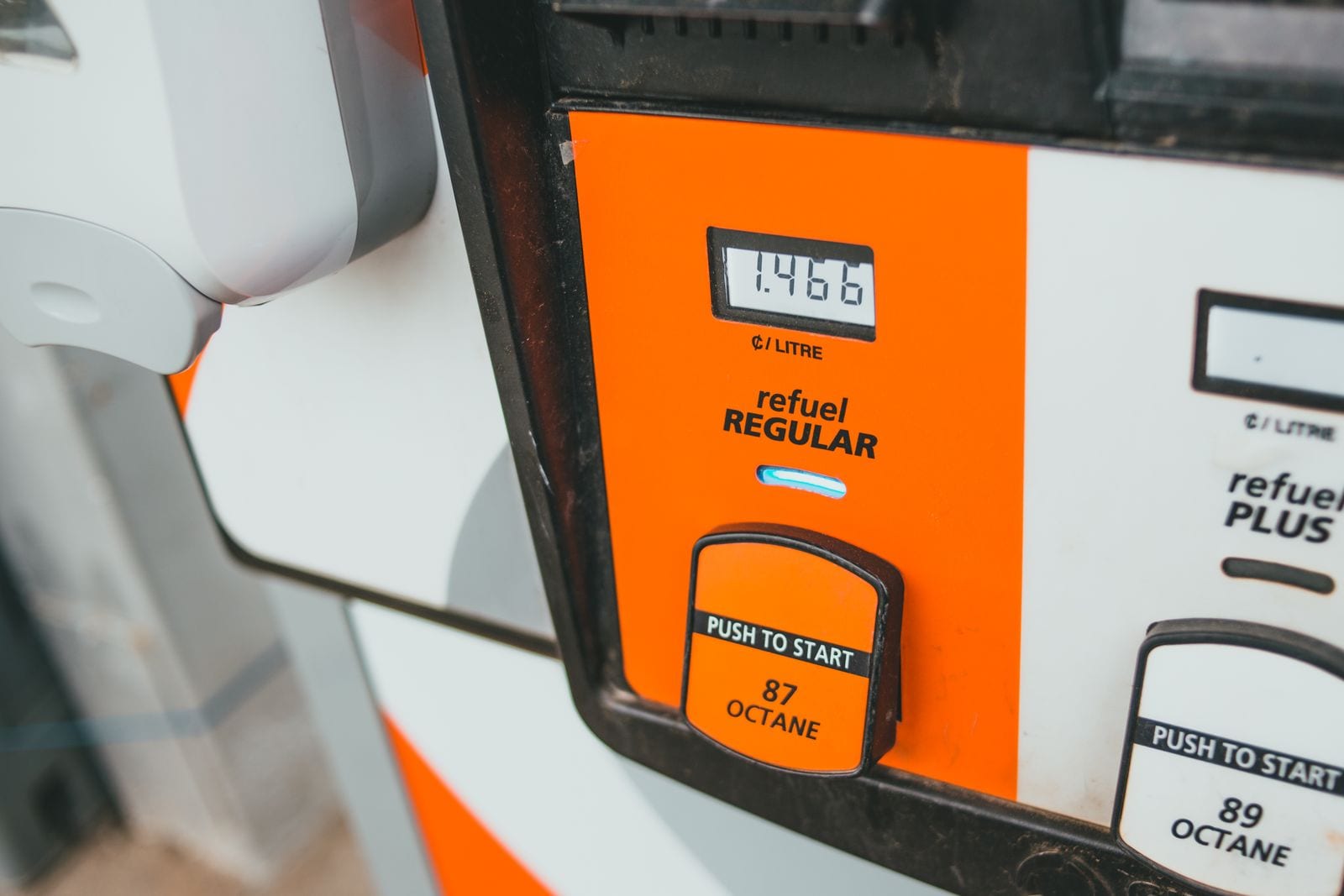 A fuel pump display showing price against octane grade