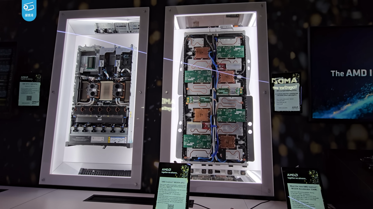 A still from a hands-on video showing AMD Instinct MI300A and MI325X accelerators at CES 2025