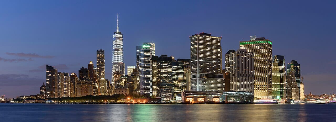 Lower Manhattan's financial district, seen across the harbor