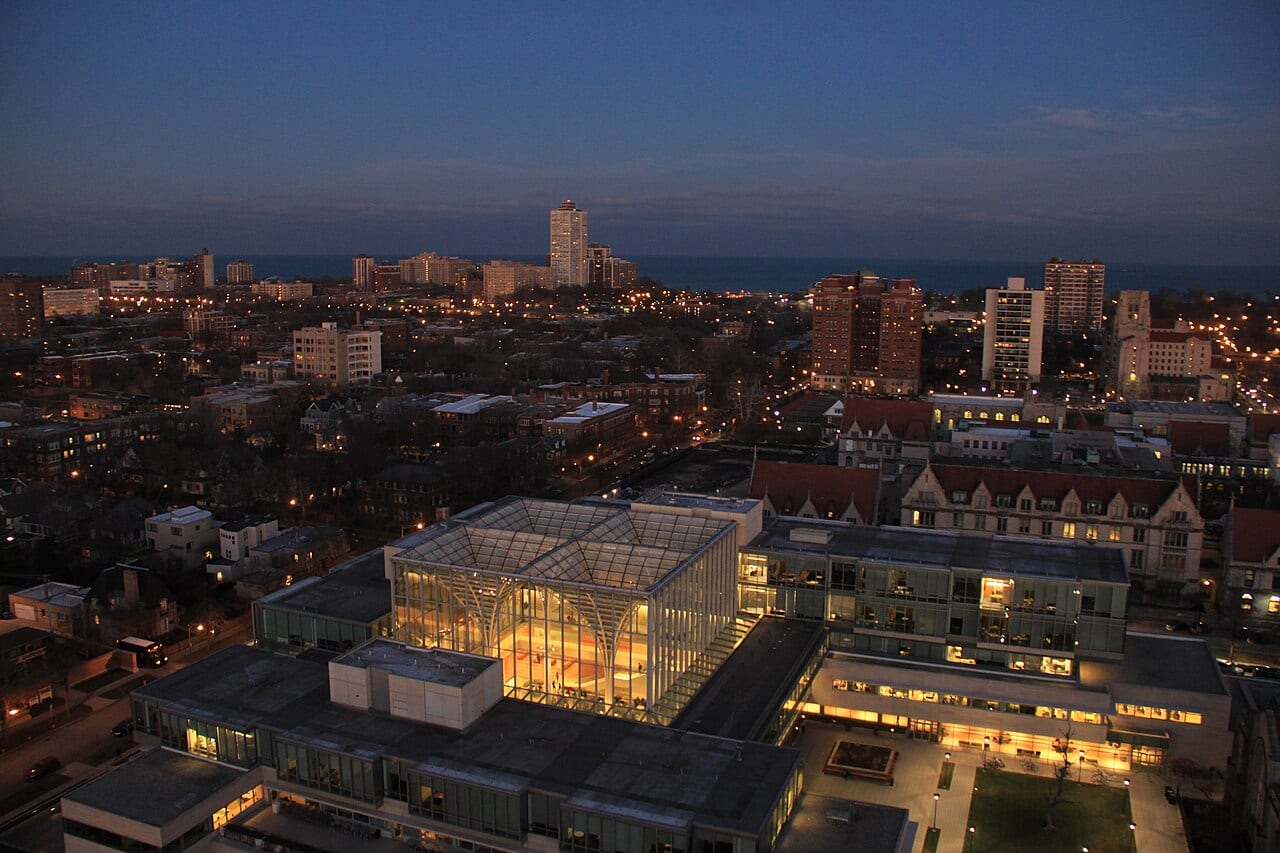 An aerial view of the University of Chicago's Booth School of Business