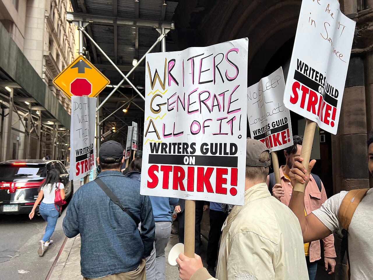 Writers Guild of America members picket in New York City during the 2023 strike that won the union's first AI contract rules