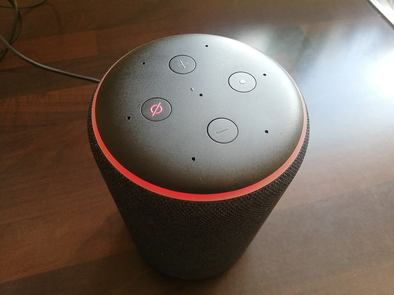 An Amazon Echo smart speaker, a voice assistant device