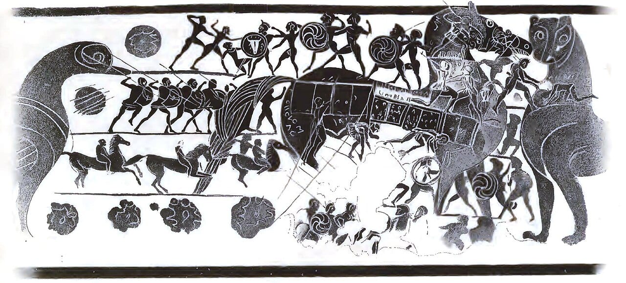 A small ancient Greek vase painted with the Trojan horse