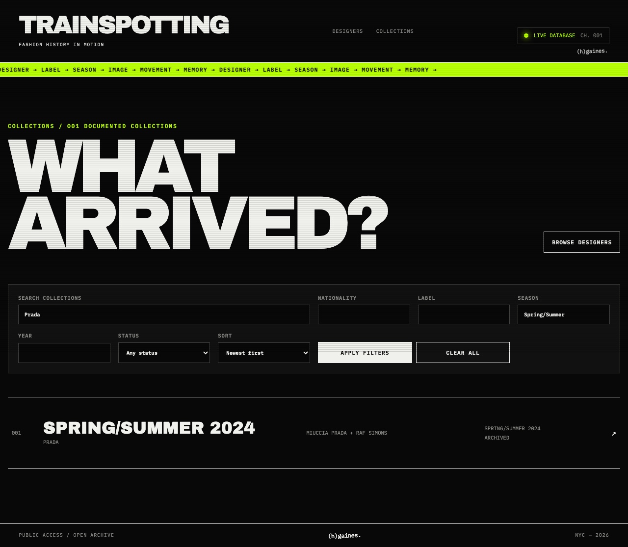 Trainspotting's collections page, headlined What arrived?, with search filters set to Prada and Spring/Summer