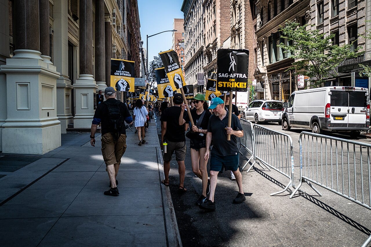 SAG-AFTRA members picket outside Warner Brothers offices in New York City in 2023
