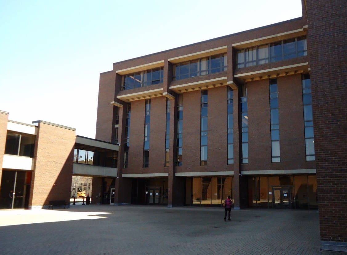 The courtyard between Rutgers University's mathematics buildings, where Alex Kontorovich teaches