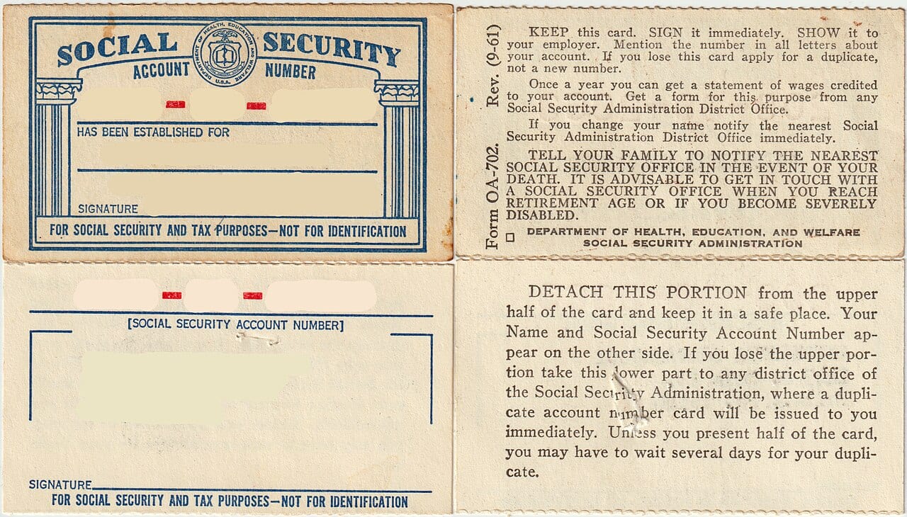 A blank Social Security card and its stub, printed from a 1961 revision of the form, with the number spaces empty