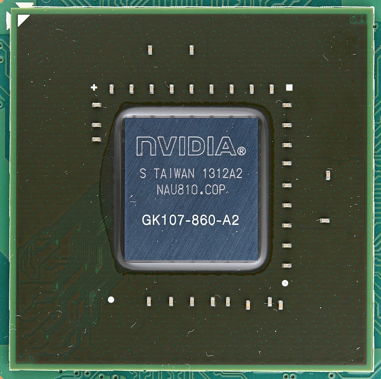 A close-up of an Nvidia GPU chip with its shader clusters visible