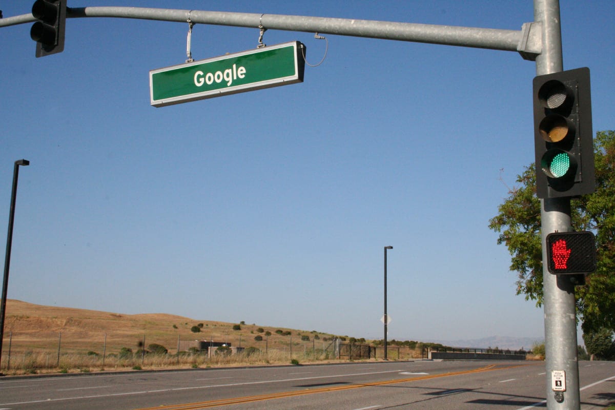 A Google street sign near the company's Mountain View headquarters