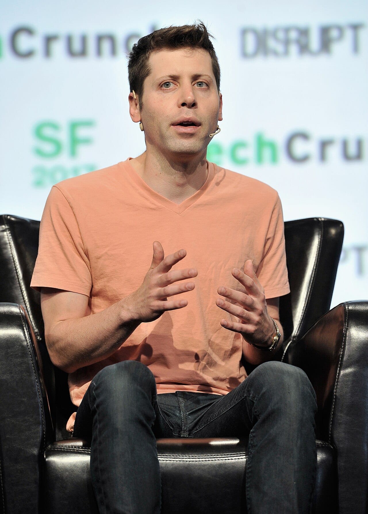 Sam Altman speaking at TechCrunch Disrupt in 2017, before OpenAI's current funding round