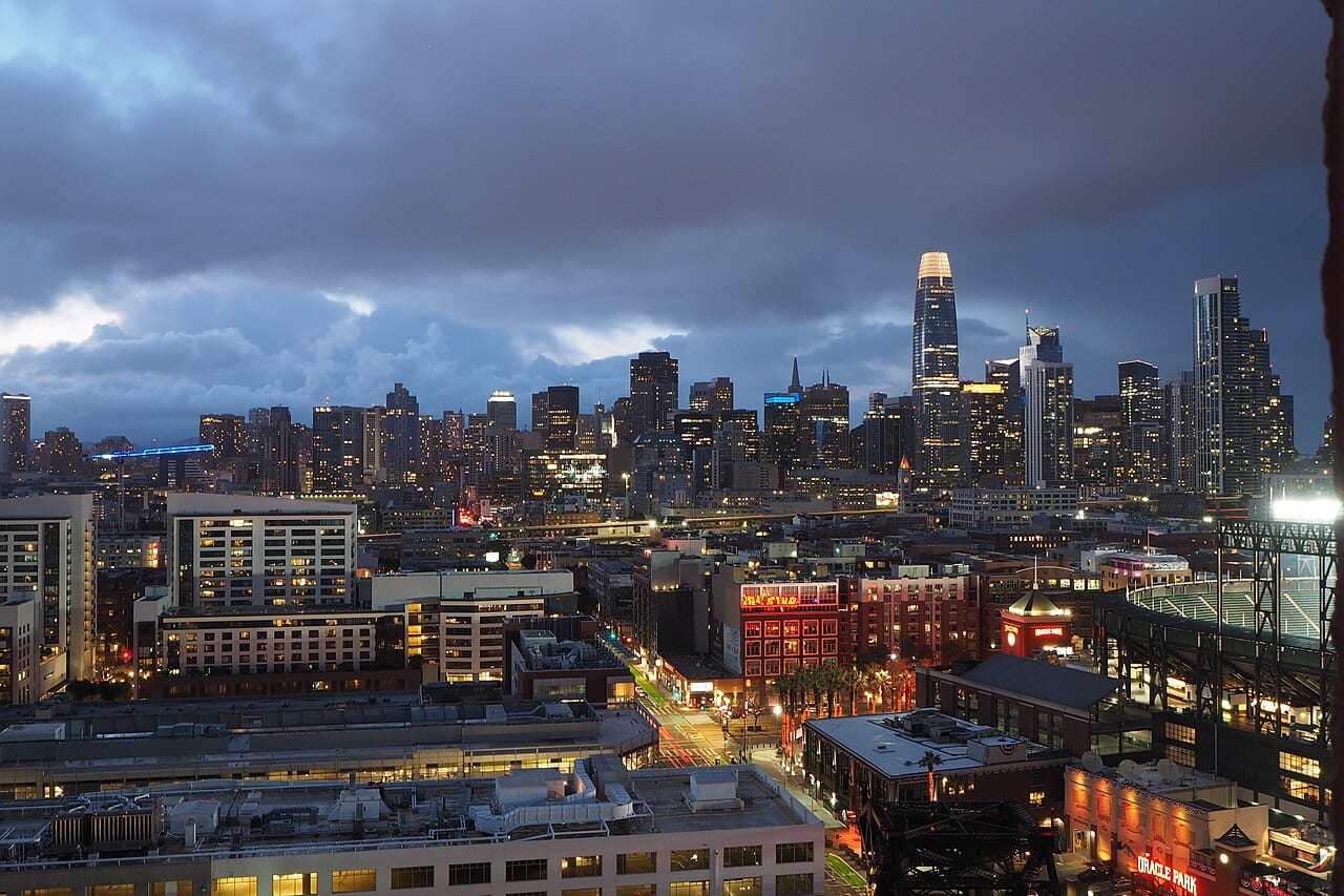 The San Francisco skyline seen from the Mission Bay neighborhood at sunset