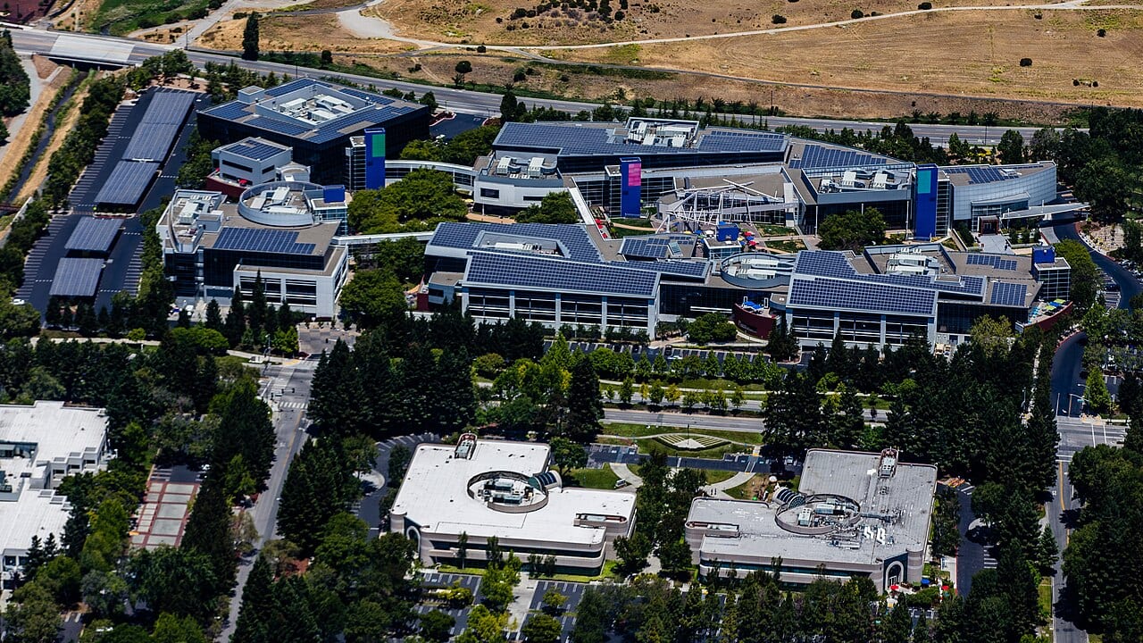 An aerial view of Google's campus in Mountain View, California