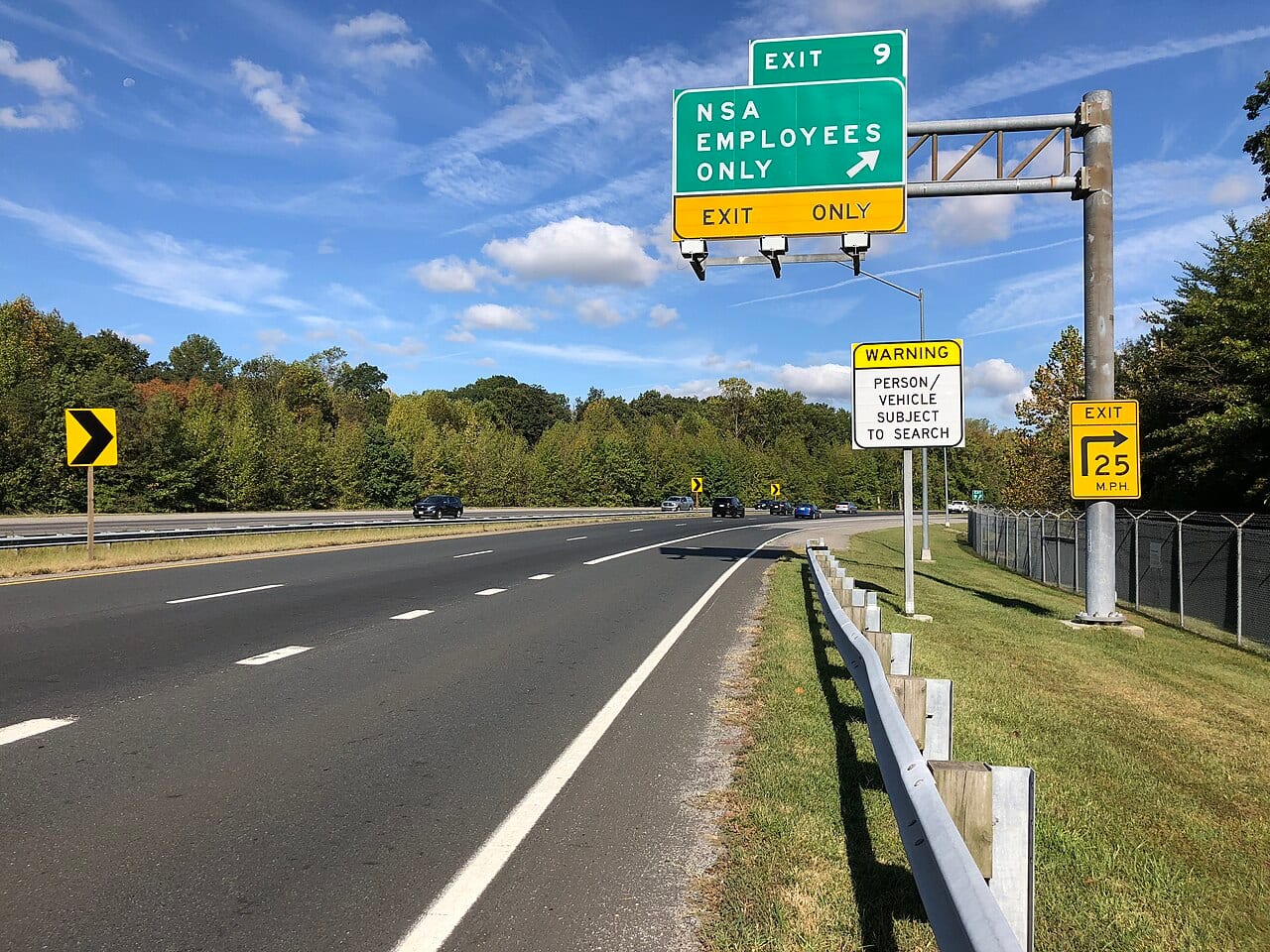 A highway sign marking the exit for National Security Agency employees near Fort Meade, Maryland