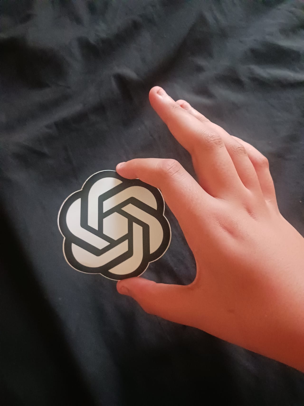 A hand holds a sticker of the OpenAI logo
