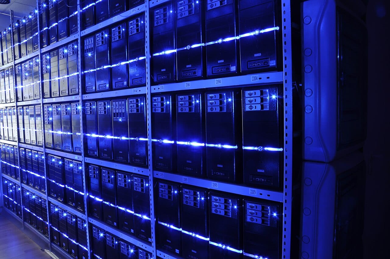 Rows of servers in a data center, the kind targeted in the autonomous hacking campaign