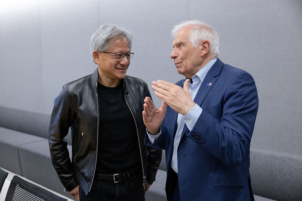 Josep Borrell and Nvidia CEO Jensen Huang talk together in Santa Clara, California