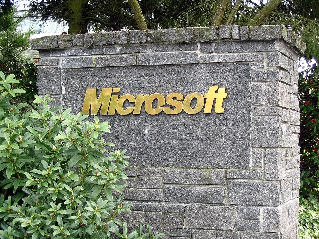 A close-up of the Microsoft logo sign outside its Redmond, Washington headquarters