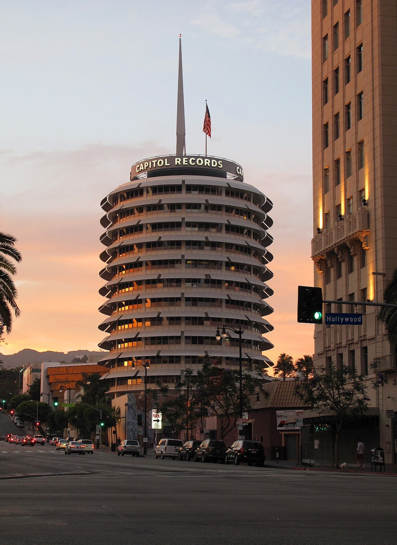 The Capitol Records Building tower in Hollywood at sunset