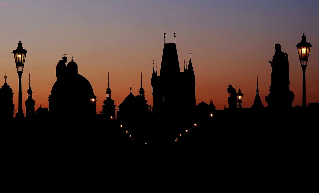The Prague skyline at dawn, seen from Charles Bridge