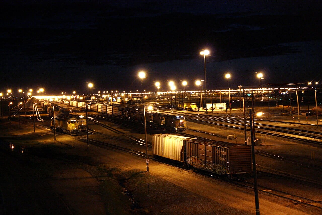 Bailey Yard at night in North Platte, Nebraska, the world's largest rail classification yard