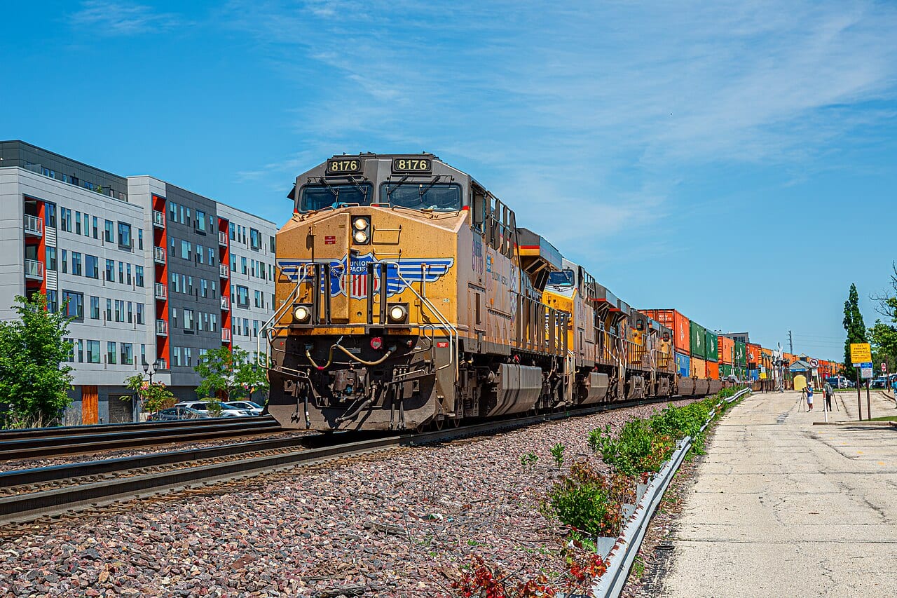 A Union Pacific freight train passing through Elmhurst, Illinois