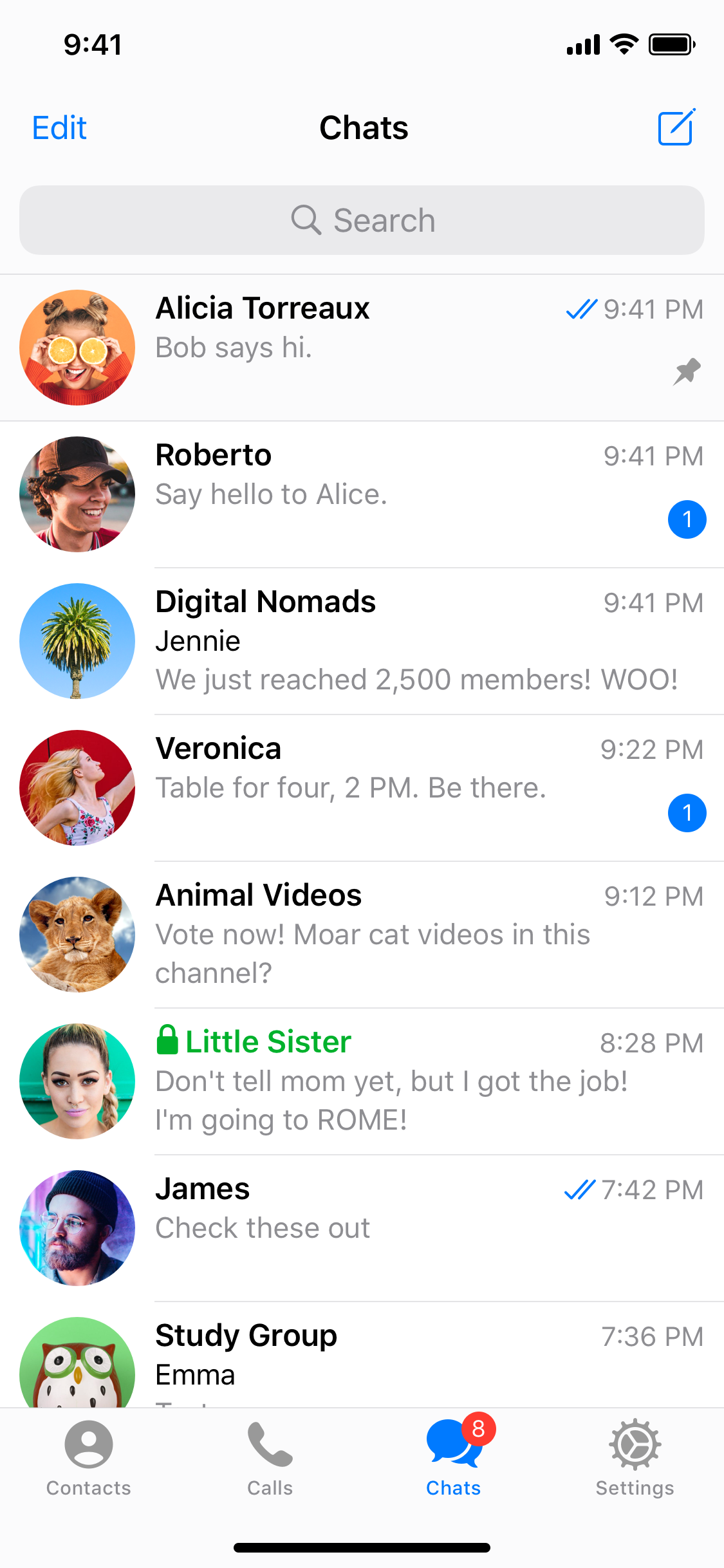 Telegram's chat list on an iPhone, with private chats, a group of 2,500 members and a channel in one feed