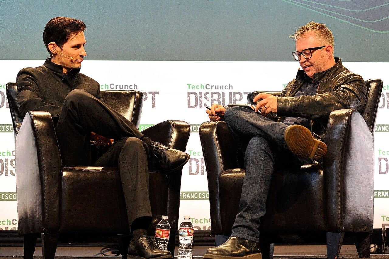 Pavel Durov, Telegram's founder, with Mike Butcher at TechCrunch Disrupt in San Francisco in September 2015